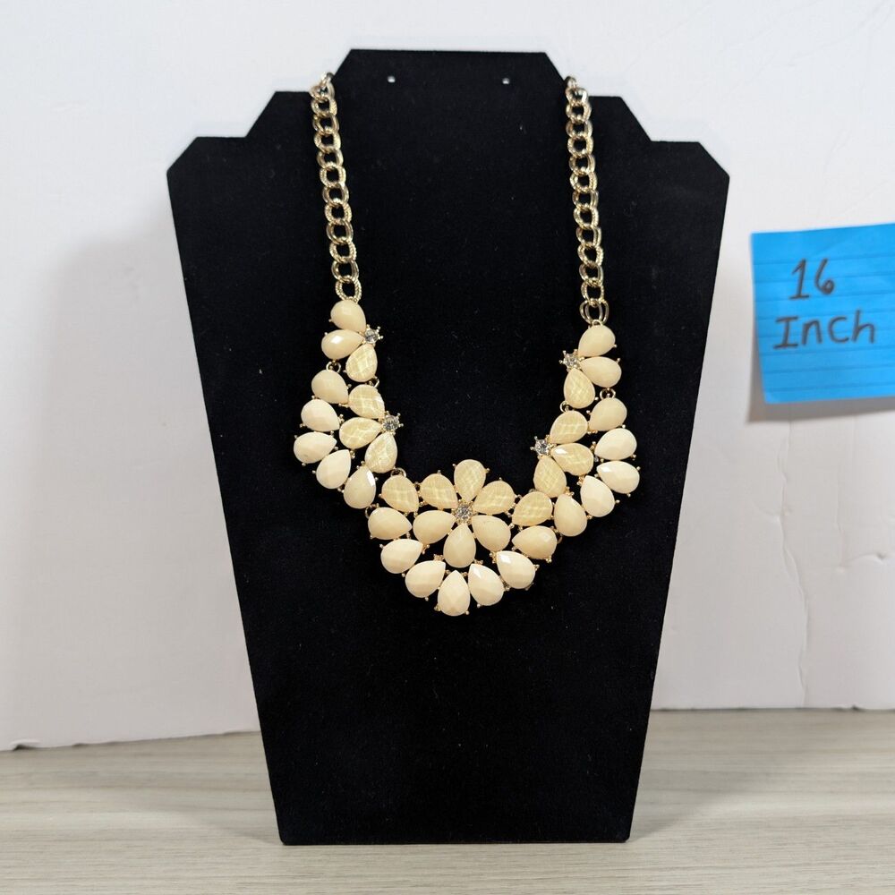 Cream Statement Bib Necklace Gold Tone Faceted Teardrop Rhinestone 16in